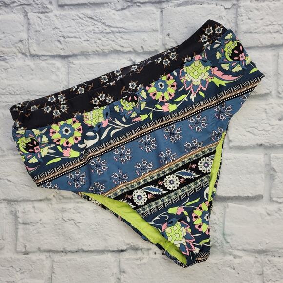 NWT Raisins Tropics High-Waisted Blue & Green Multicolor Bikini Bottom sz Large - Picture 2 of 12